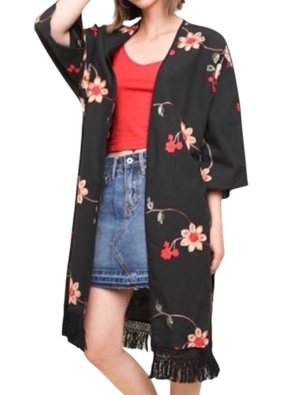 UMGEE Black Embroidered Fringe Duster Kimono 1 in Size S and 1 in Size Large